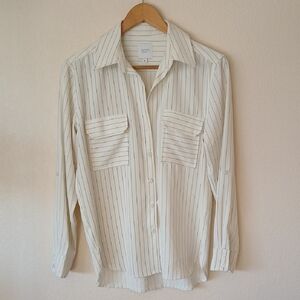Sen Pinstripe Button Up Blouse Roll Tab Sleeves White